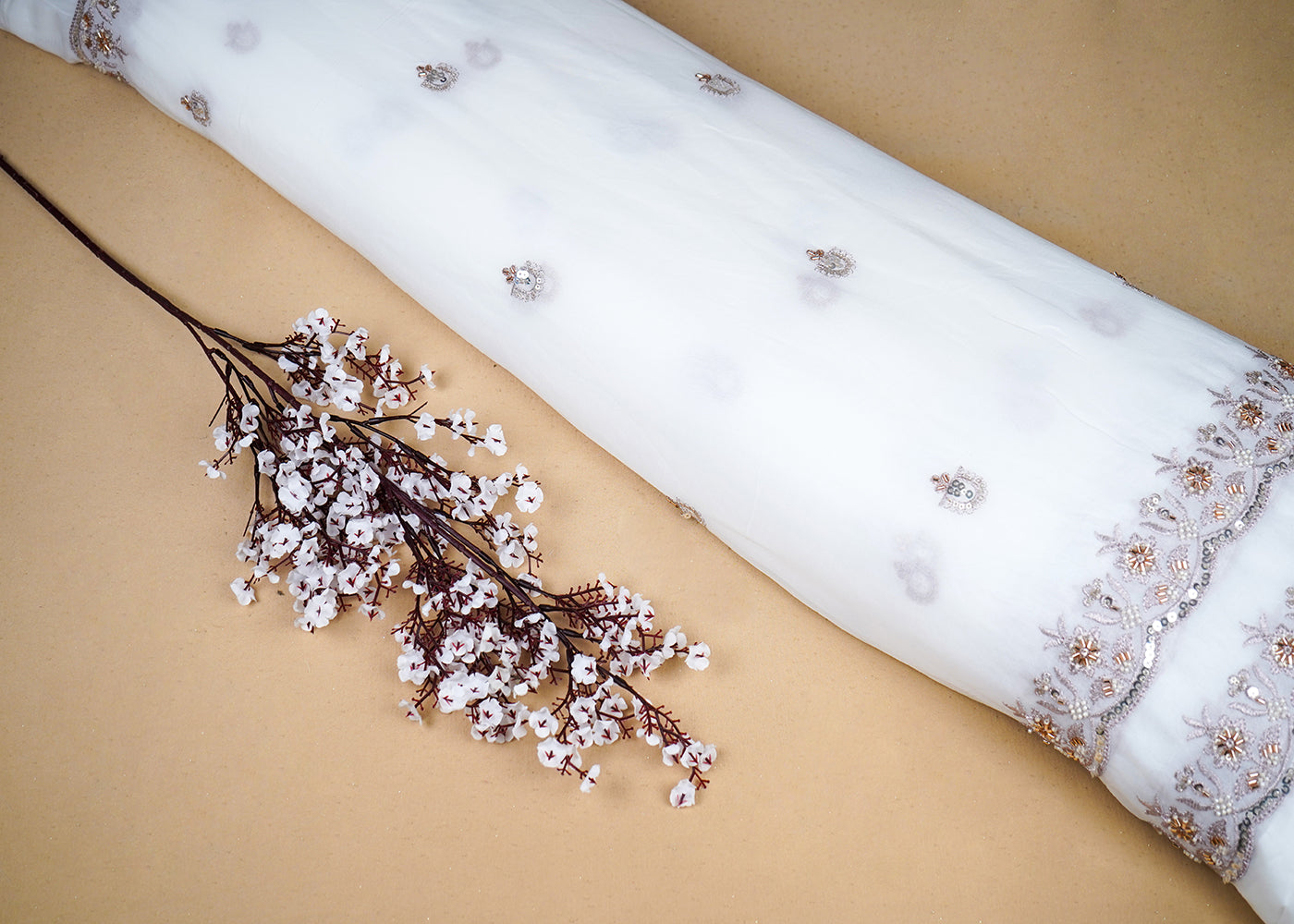 White Georgette Fabric With All Over Katdana, Sequins, Zari And Two Side Border 19003