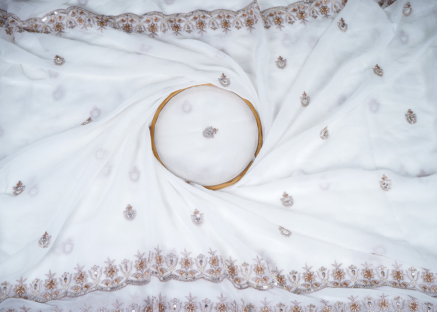 White Georgette Fabric With All Over Katdana, Sequins, Zari And Two Side Border 19003