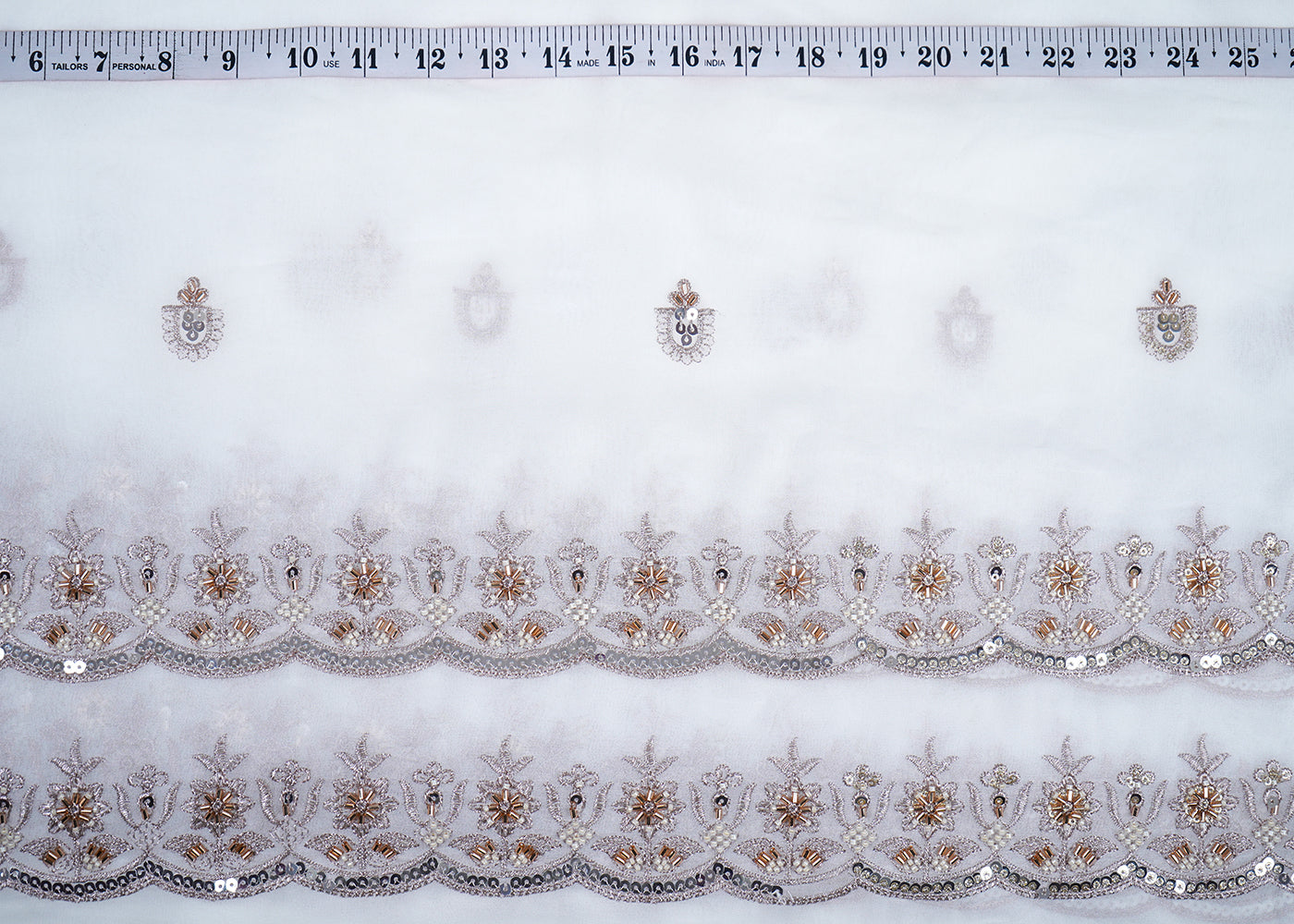 White Georgette Fabric With All Over Katdana, Sequins, Zari And Two Side Border 19003