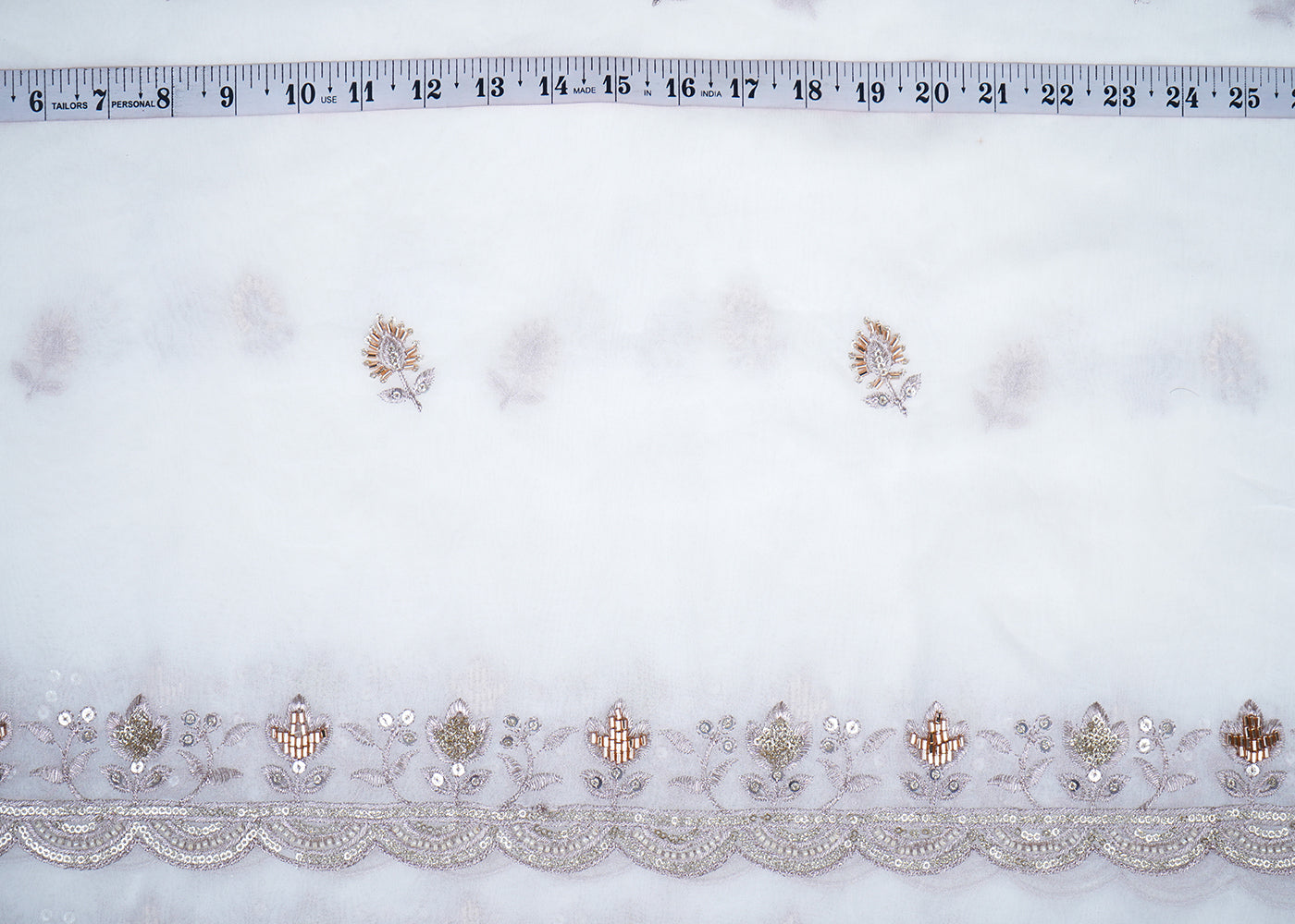 White Georgette Fabric With All Over Katdana, Sequins, Zari And Two Side Border 19005