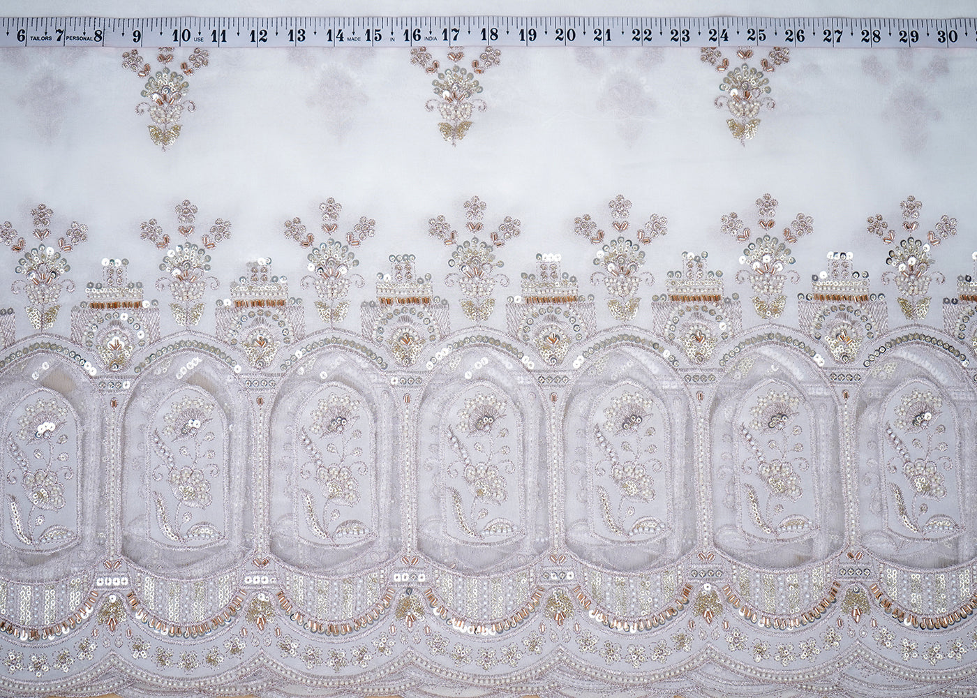 White Georgette Fabric With All Over Katdana, Sequins, Zari And One Side Net Cutwork Border 19006