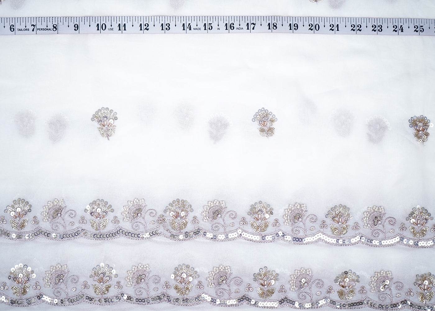 White Georgette Fabric With All Over Katdana, Sequins, Zari And Two Side Border 19007