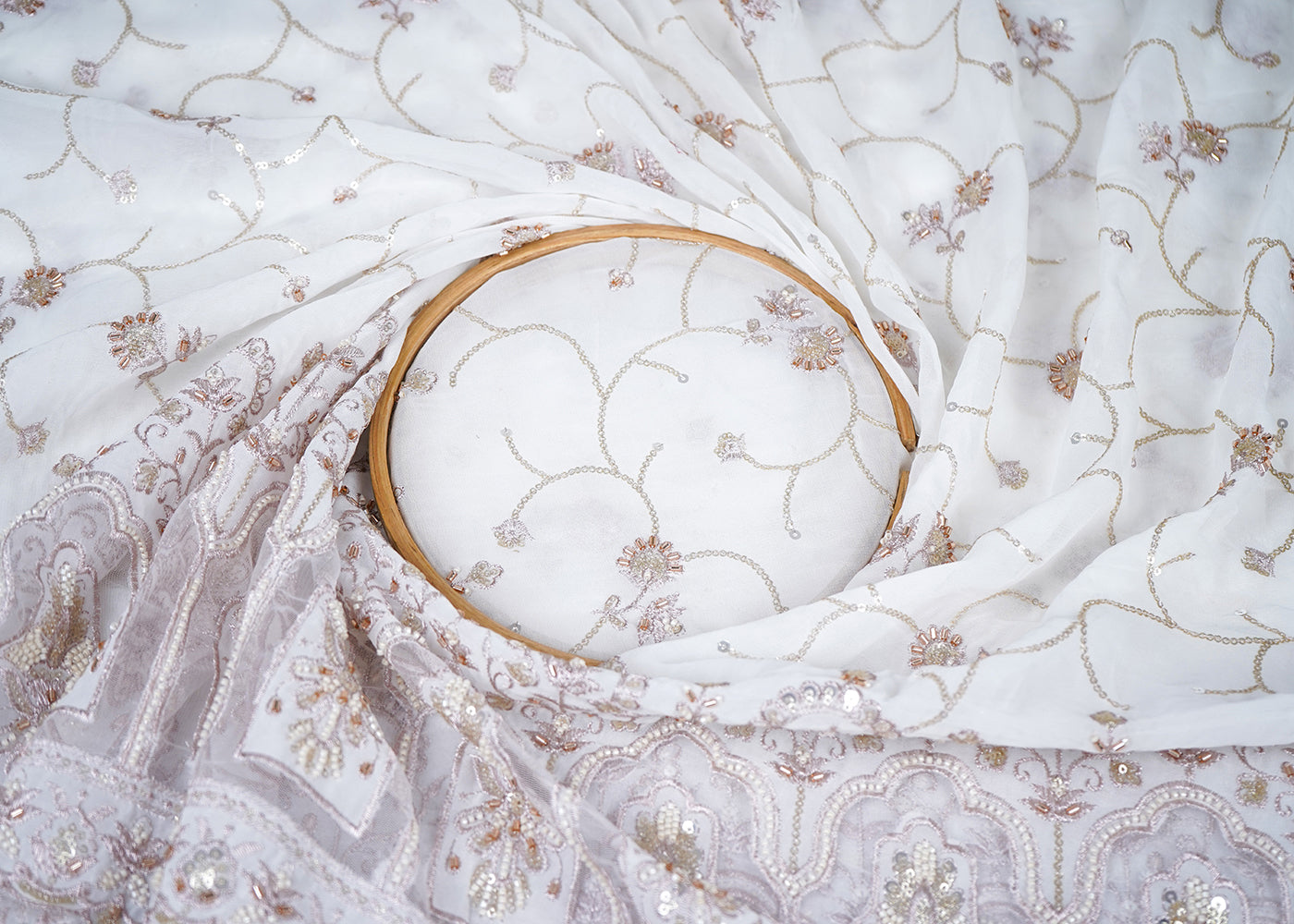 White Georgette Fabric With All Over Katdana, Sequins, Zari And One Side Net Cutwork Border 19008