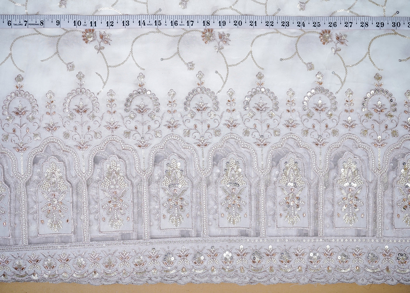 White Georgette Fabric With All Over Katdana, Sequins, Zari And One Side Net Cutwork Border 19008