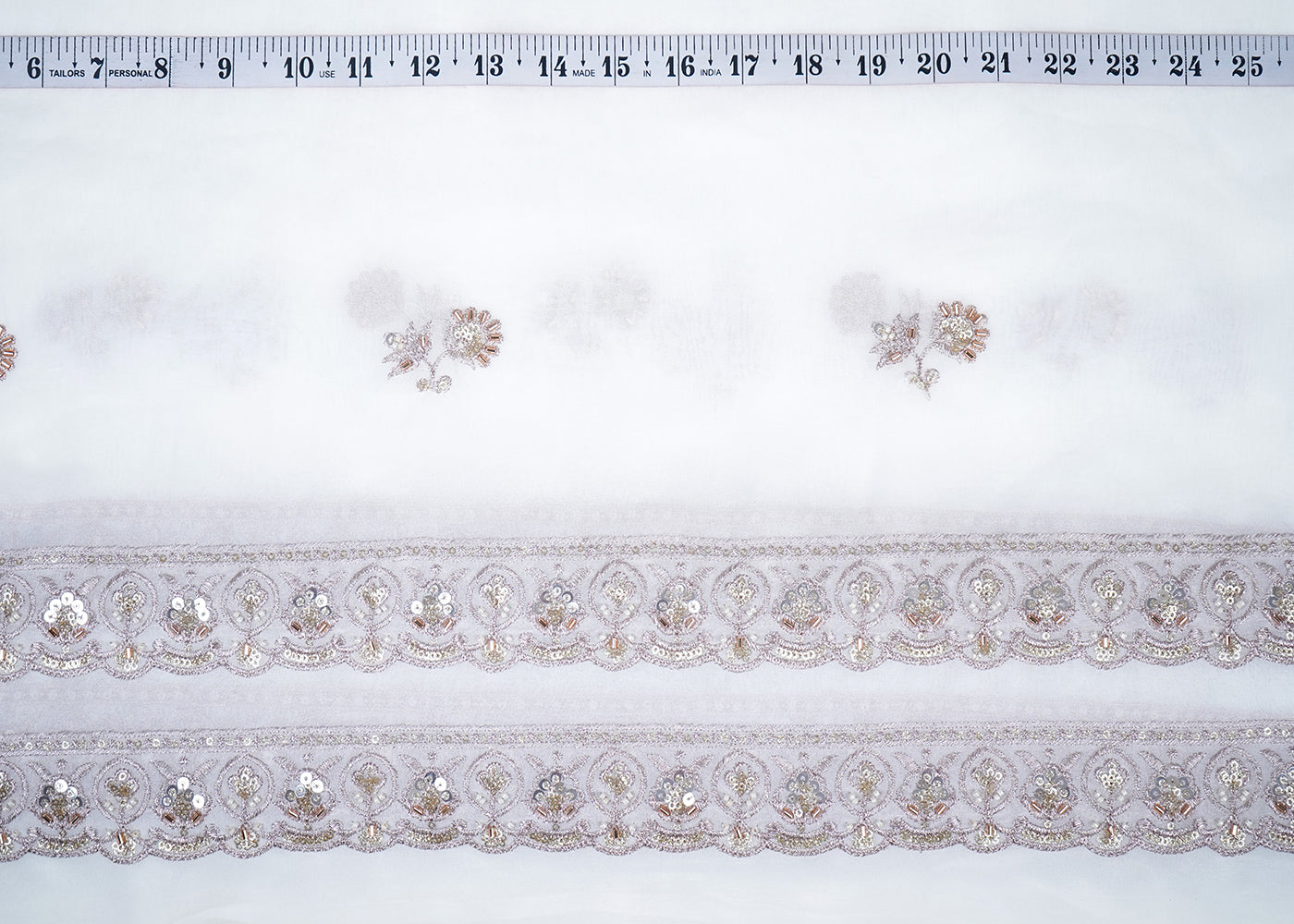 White Georgette Fabric With All Over Katdana, Sequins, Zari And Two Side Border 19009