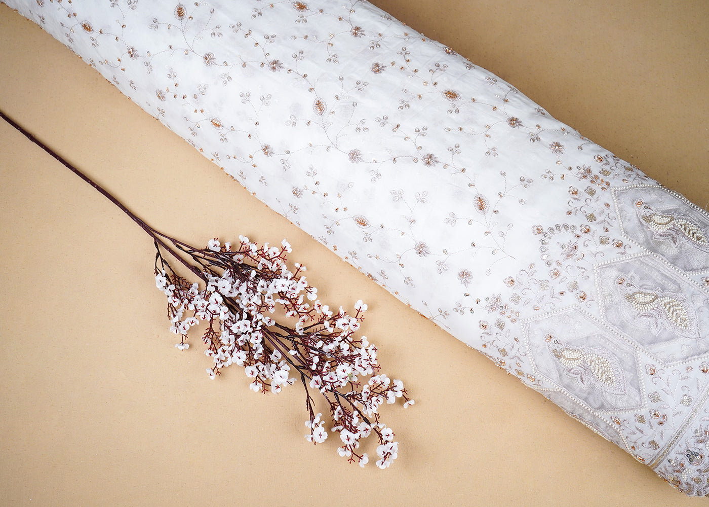 White Georgette Fabric With All Over Katdana, Sequins, Zari And One Side Net Cutwork Border 19012