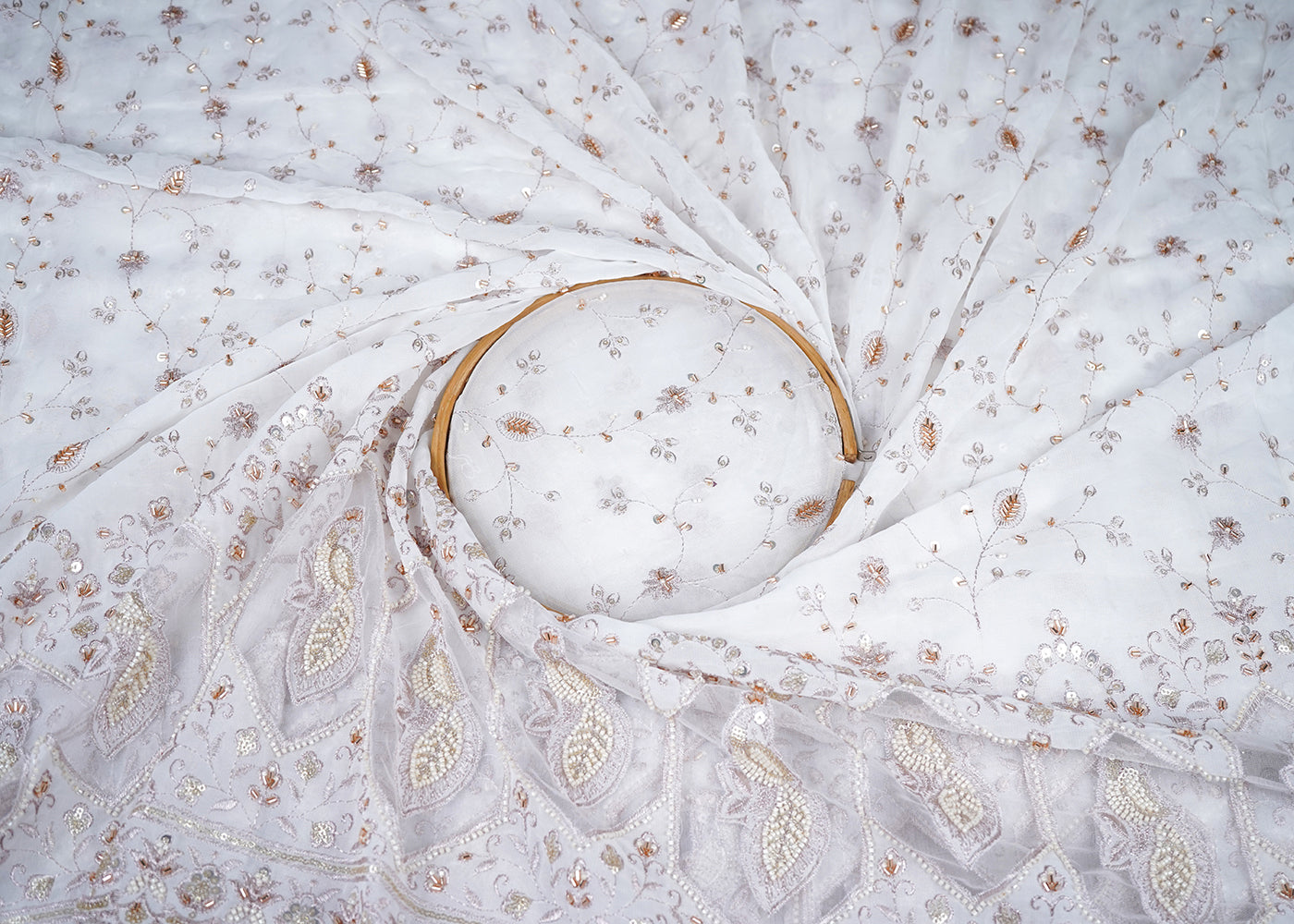 White Georgette Fabric With All Over Katdana, Sequins, Zari And One Side Net Cutwork Border 19012