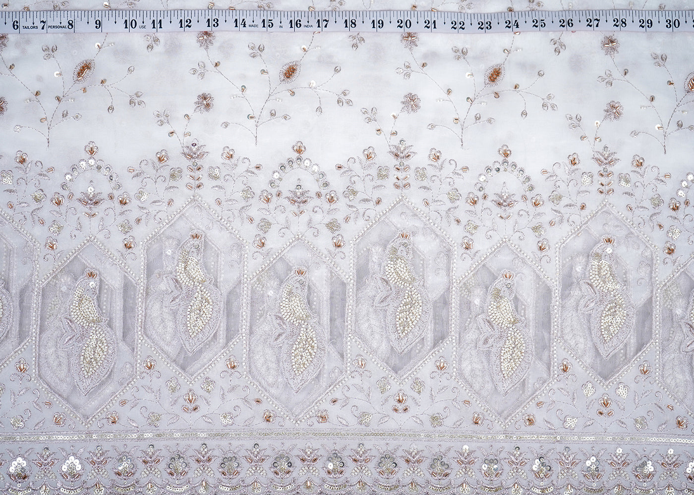 White Georgette Fabric With All Over Katdana, Sequins, Zari And One Side Net Cutwork Border 19012