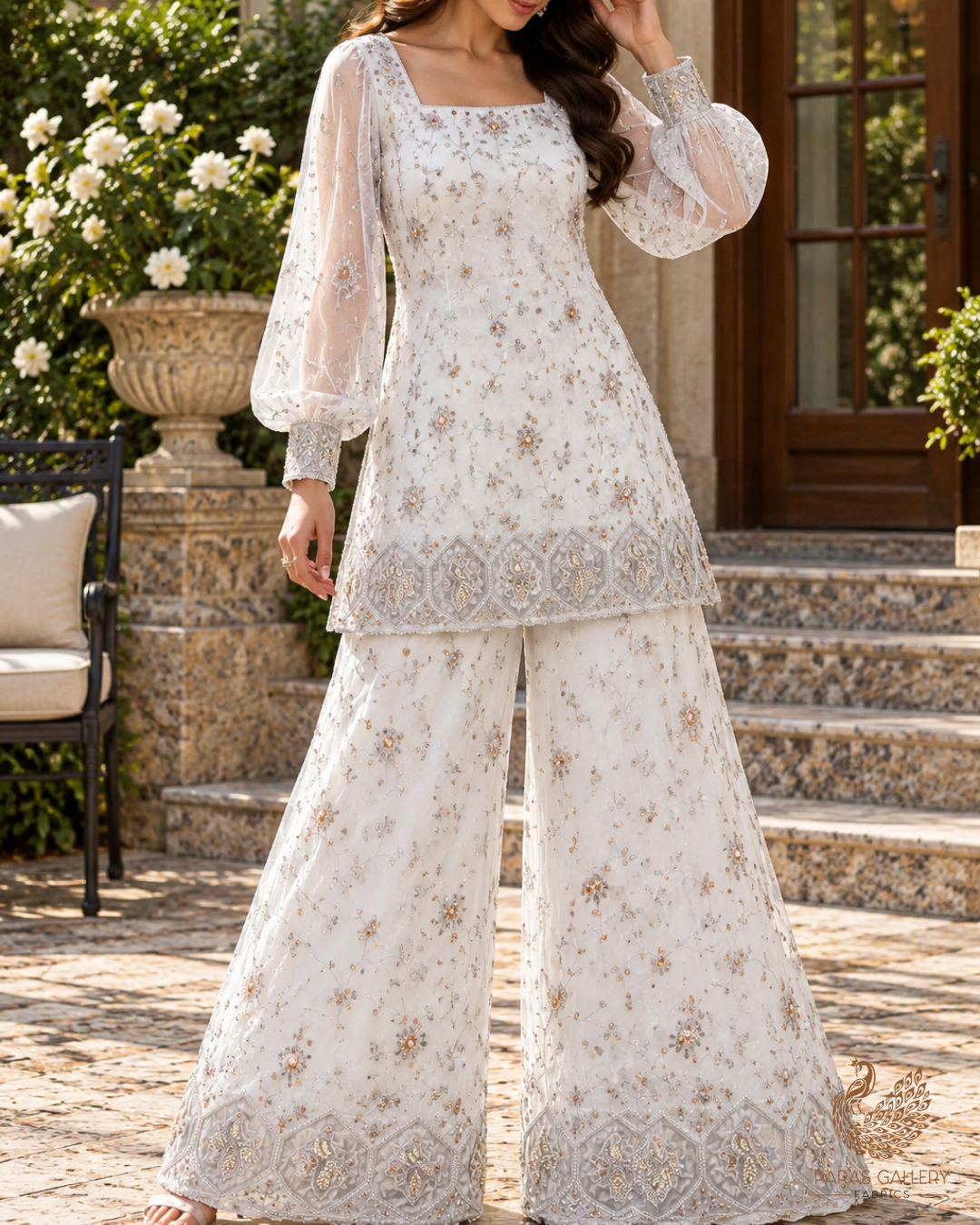 White Dyeable Georgette Fabric With All Over Katdana, Sequins, Zari And One Side Net Cutwork Border 19012