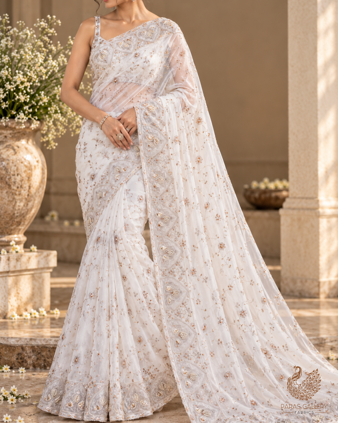 White Dyeable Georgette Fabric With All Over Katdana, Sequins, Zari And One Side Net Cutwork Border 19012