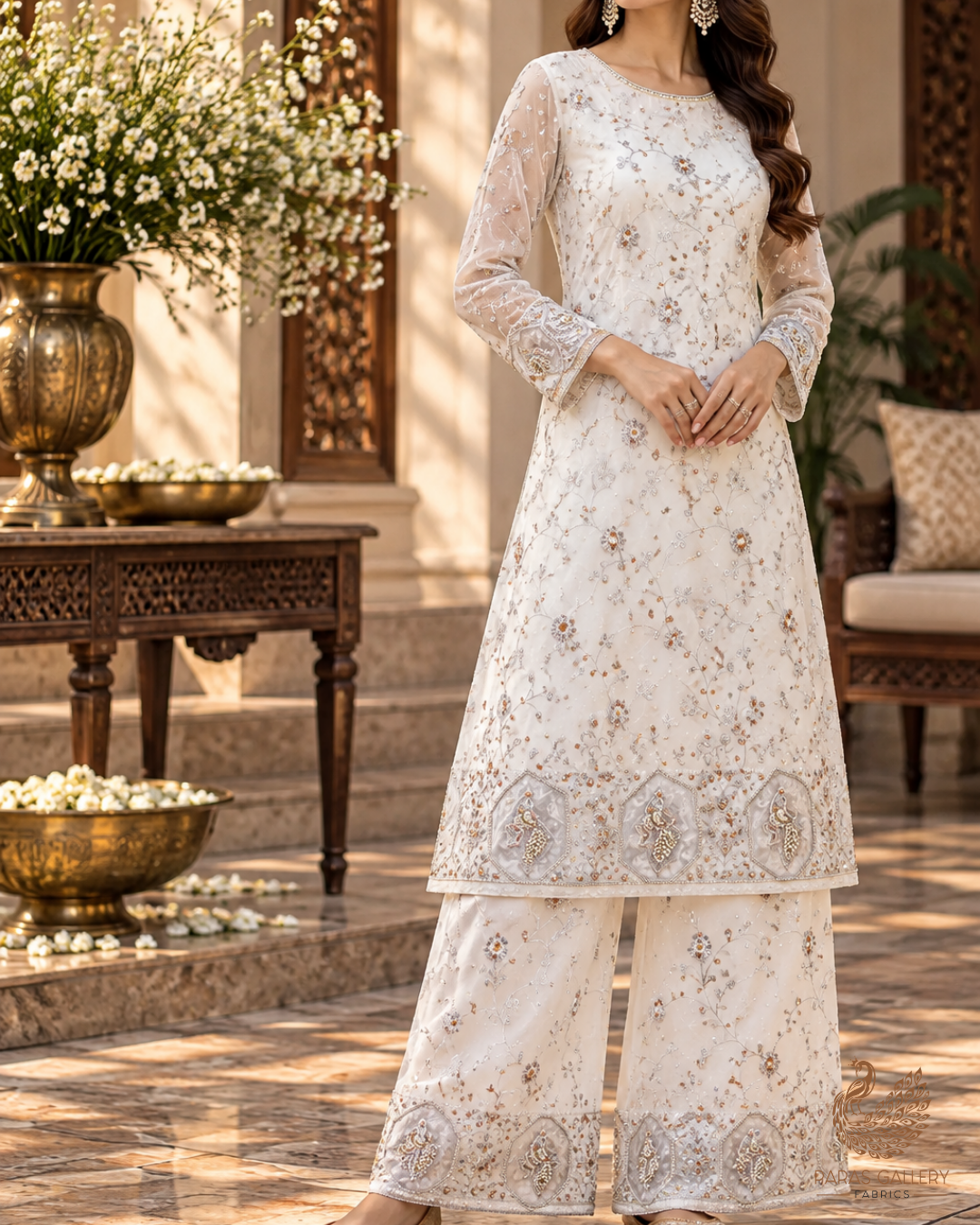 White Dyeable Georgette Fabric With All Over Katdana, Sequins, Zari And One Side Net Cutwork Border 19012