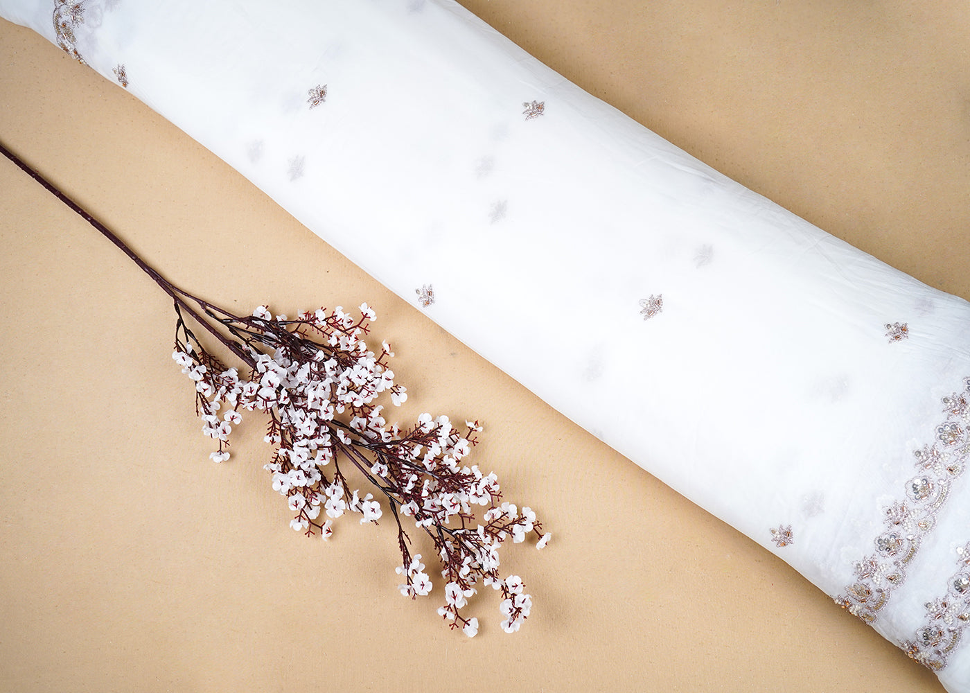 White Georgette Fabric With All Over Katdana, Sequins, Zari And Two Side Border 19013