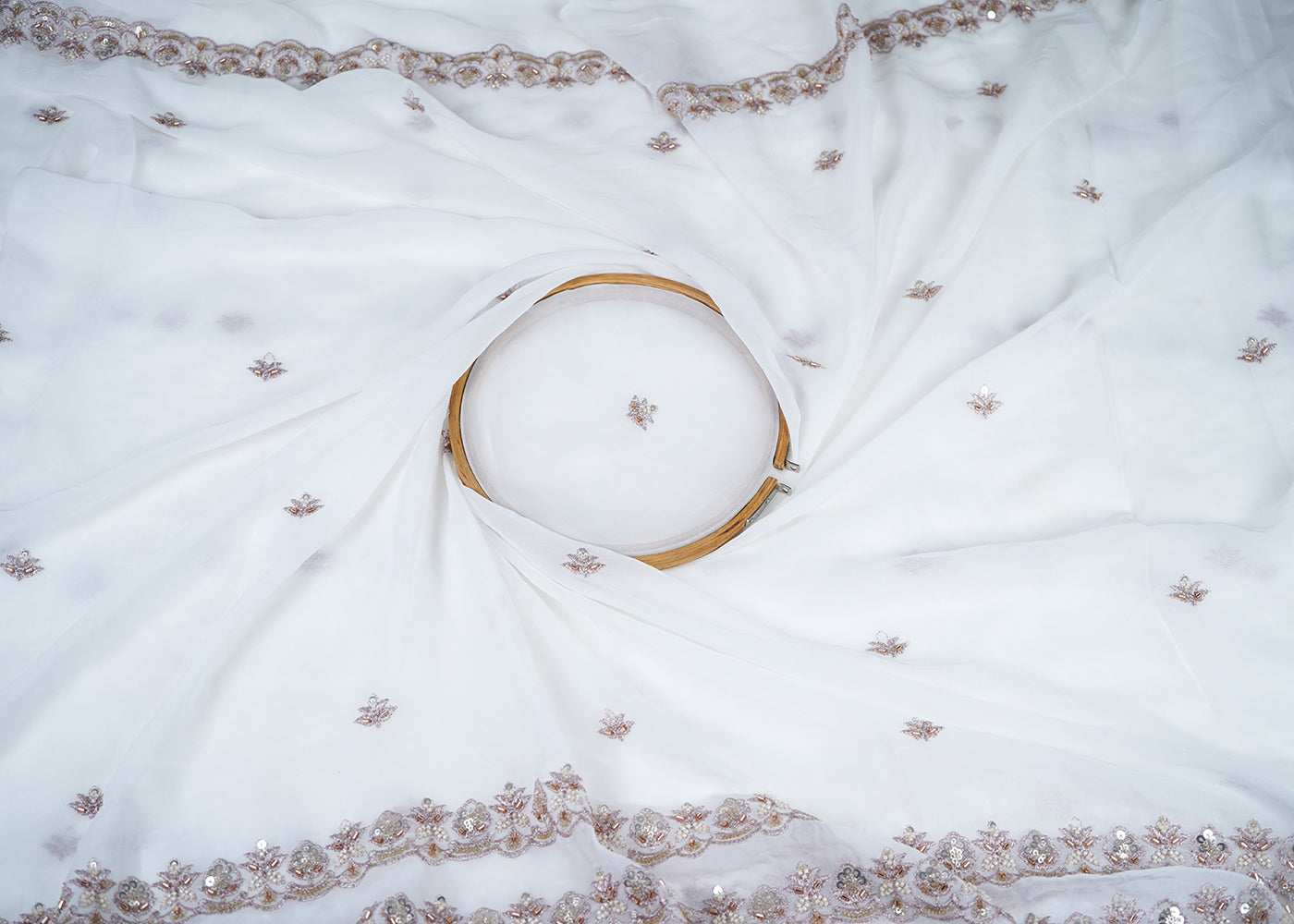 White Georgette Fabric With All Over Katdana, Sequins, Zari And Two Side Border 19013