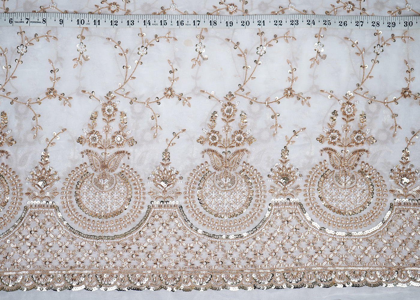 White Georgette Fabric With All Over Sequins, Katdana, Zari And Bead Work With One Side Border 19016