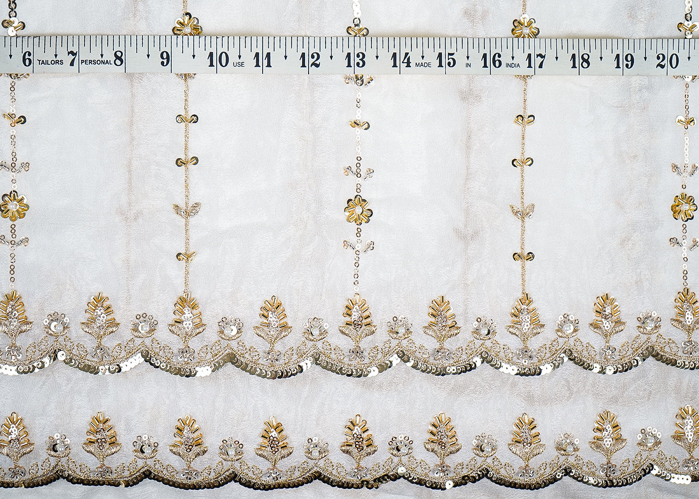 White Chinon Chiffon Fabric With All Over Katdana, Bead, Sequins And Zari Work With Two Side Border 19018