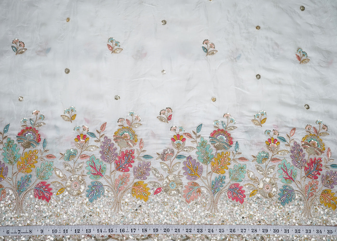 White Crepe Fabric With All Over Thread, Bead, Sequins And Zari Work With One Side Border 19019