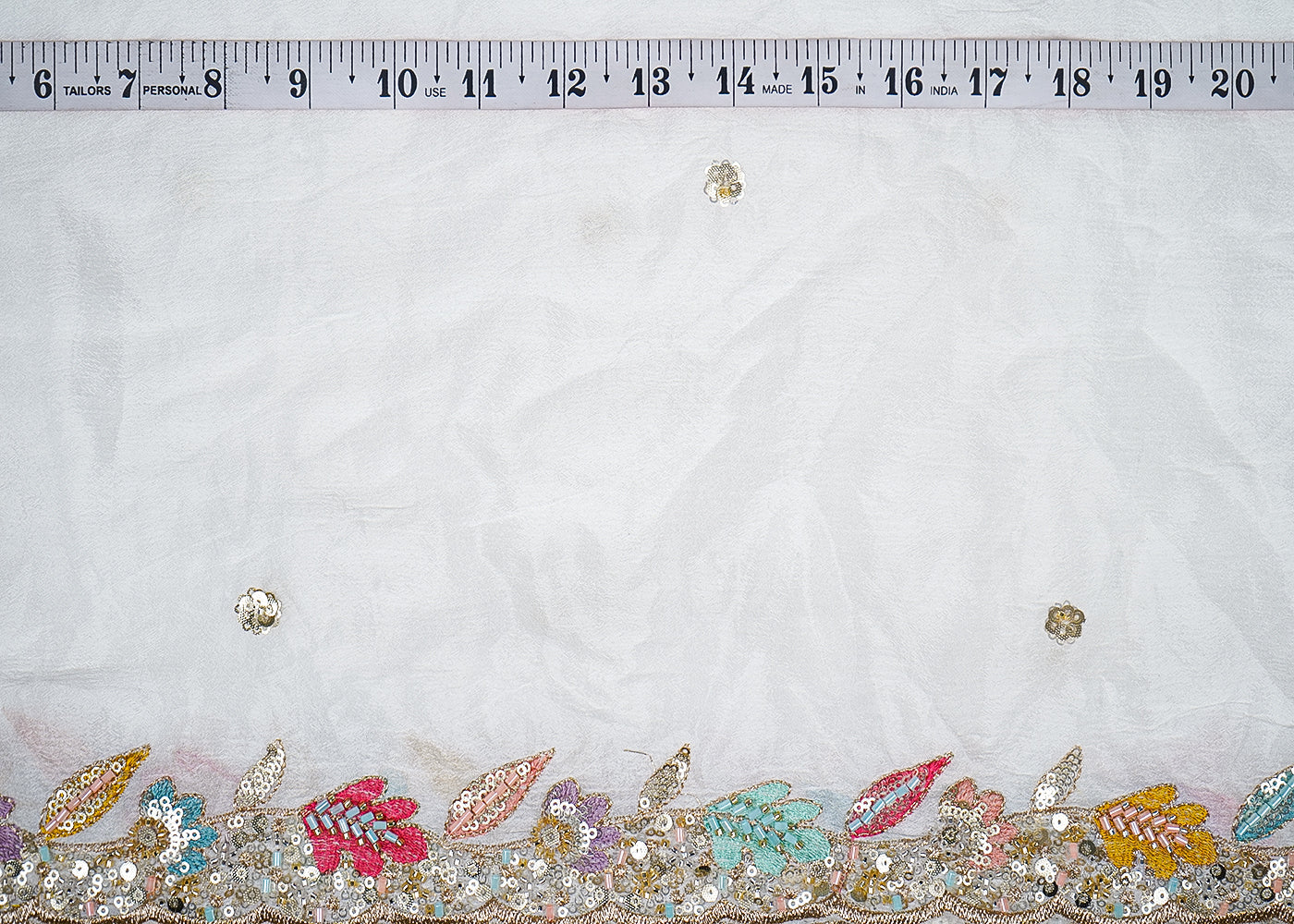 White Chinon Chiffon Fabric With All Over Thread, Bead, Sequins And Zari Work With Two Side Border 19020