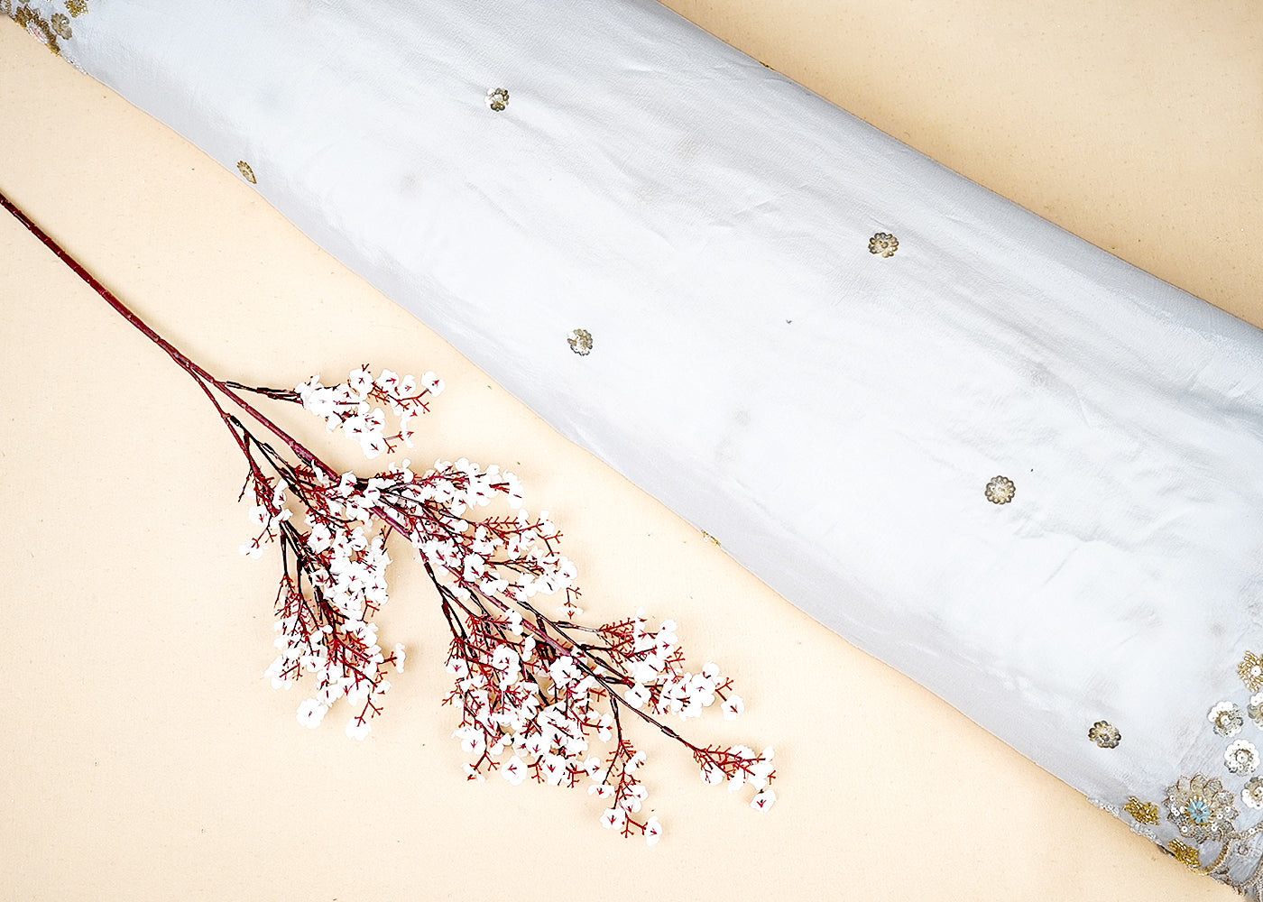 White Chinon Chiffon Dupatta Fabric With All Over Bead, Sequins And Zari Work With Two Side Border 19022