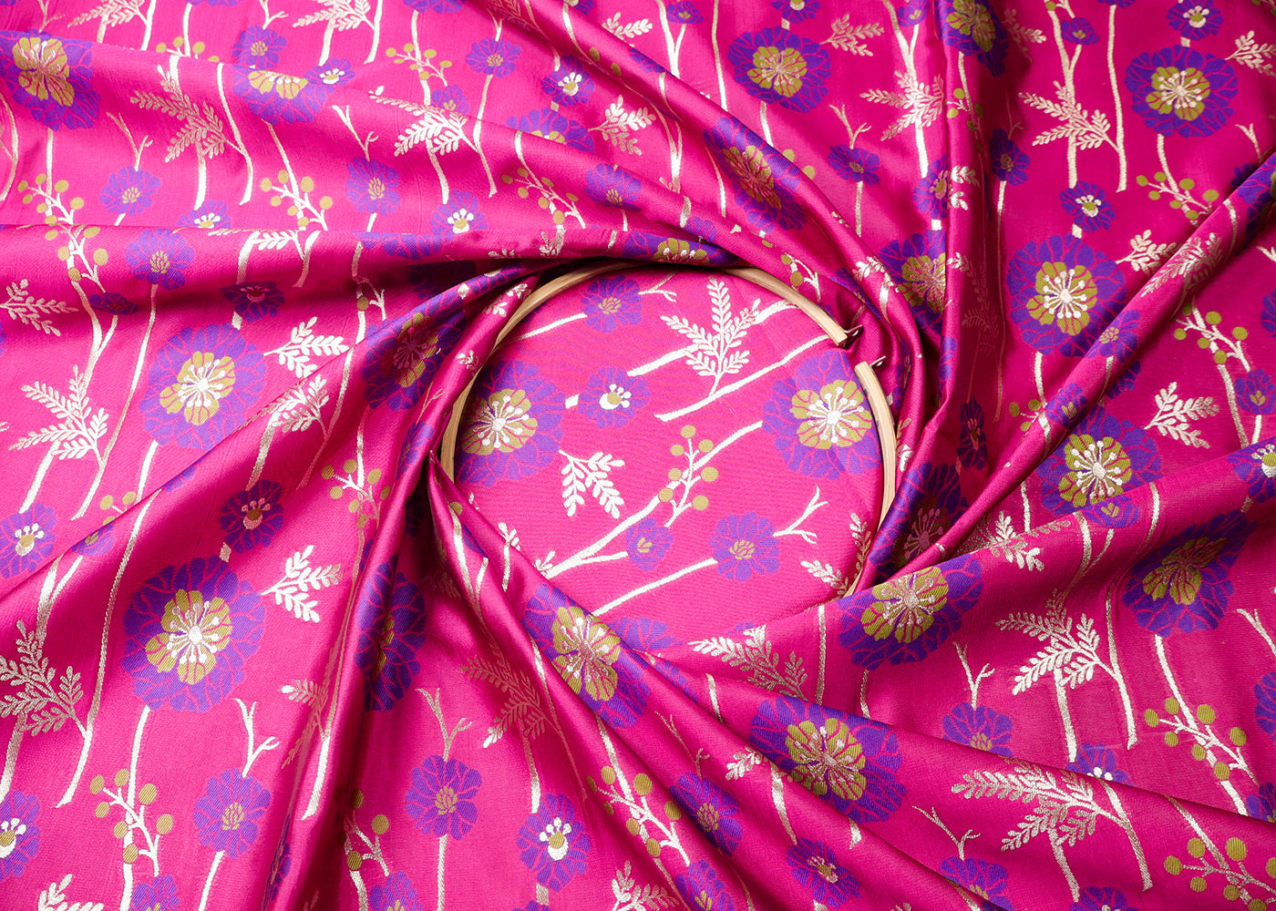 Pink Banarasi Brocade Fabric With All Over Thread And Golden Zari Handloom 19028