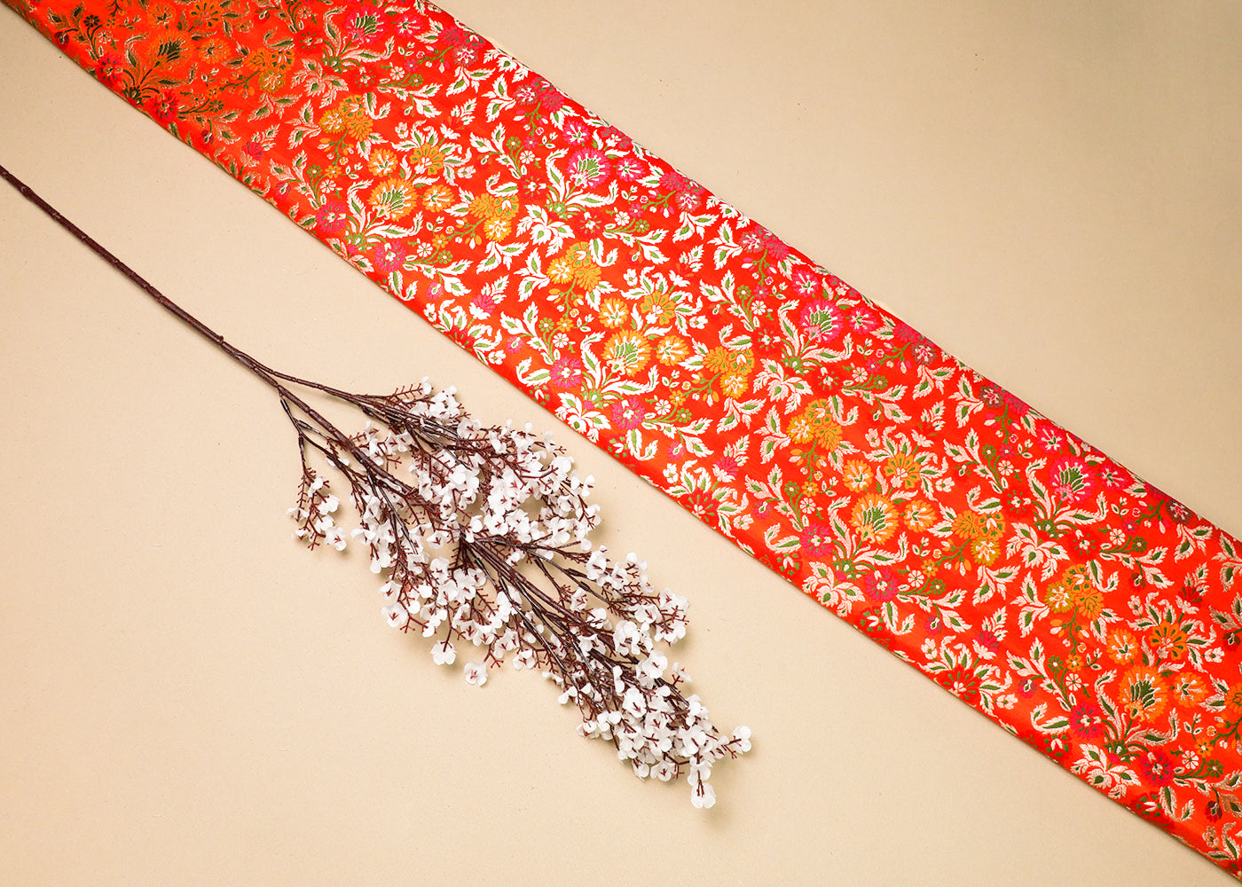 Orange Pure Banarasi Brocade Fabric With All Over Thread And Silver Zari Handloom 19030