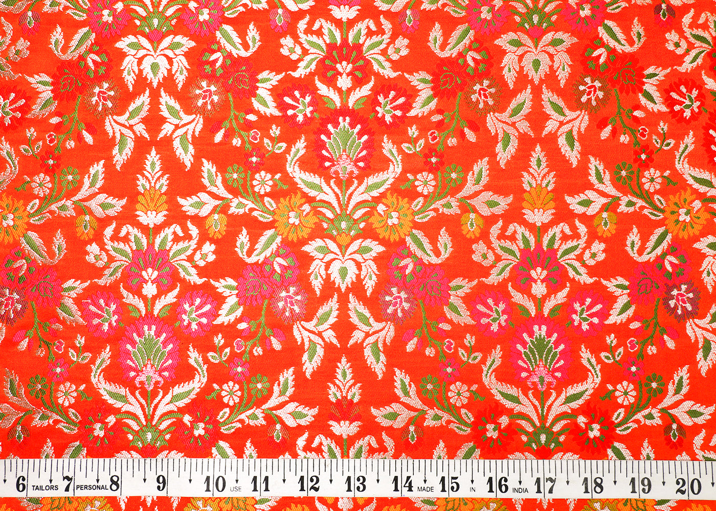 Orange Pure Banarasi Brocade Fabric With All Over Thread And Silver Zari Handloom 19030