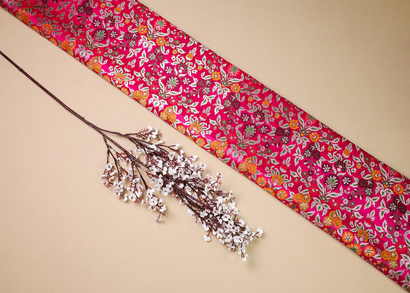 Magenta Banarasi Brocade Fabric With All Over Thread And Silver Zari Handloom 19032