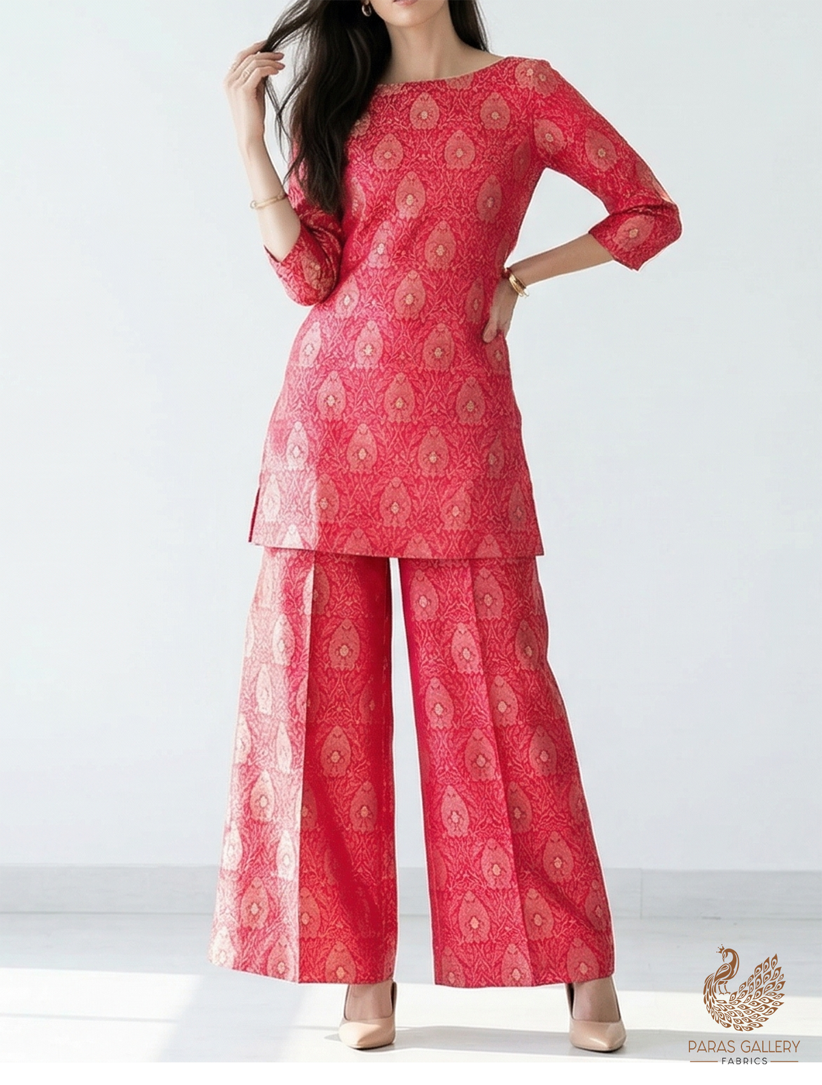 Red Banarasi Brocade Fabric With All Over Thread And Zari Handloom 19048