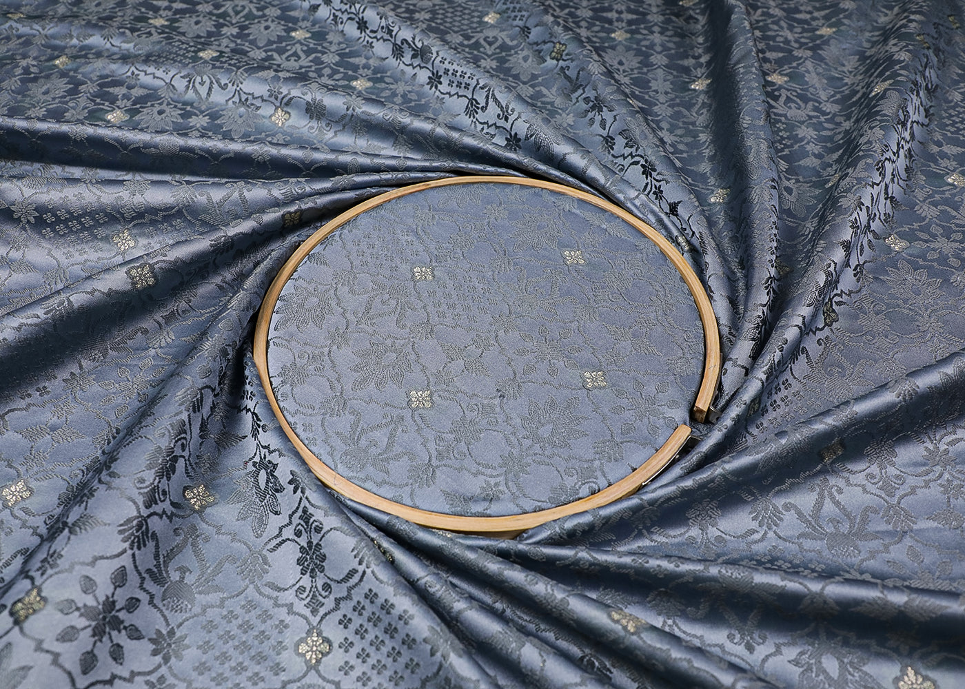 Grey Banarasi Brocade Fabric With All Over Thread And Zari Handloom 19056