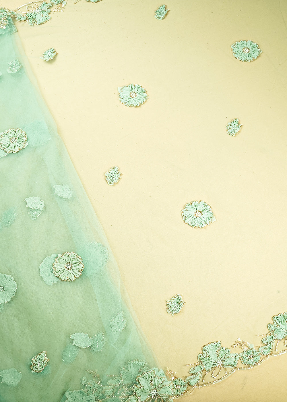 Sea Green Net Dupatta Fabric With All Over Applique, Bead And Sequins Work With Two Side Border 19069