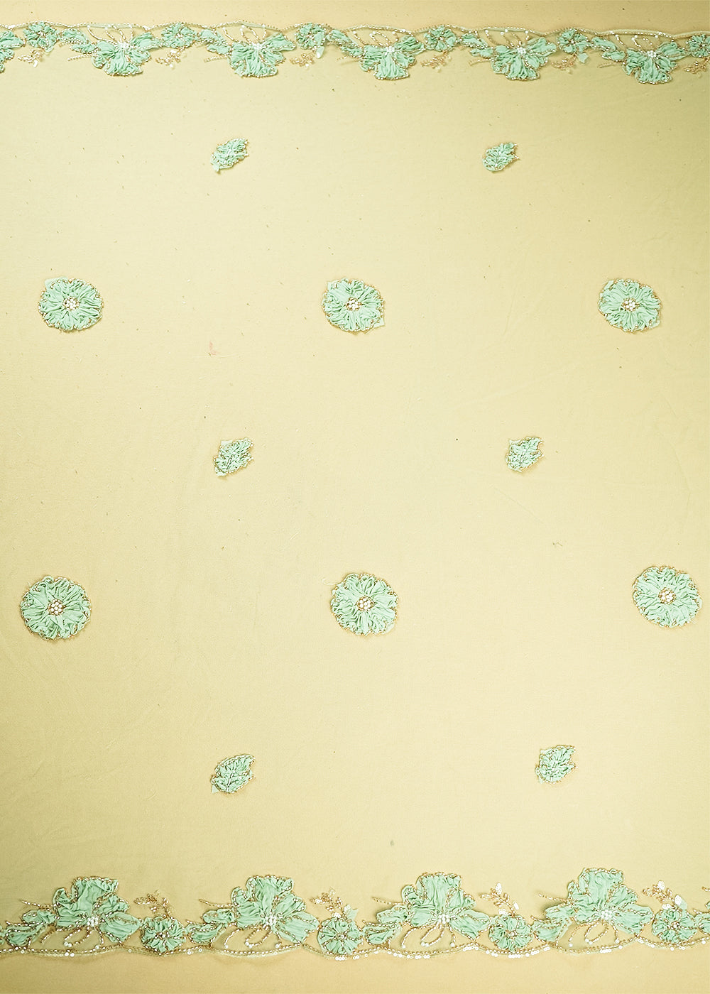 Sea Green Net Dupatta Fabric With All Over Applique, Bead And Sequins Work With Two Side Border 19069