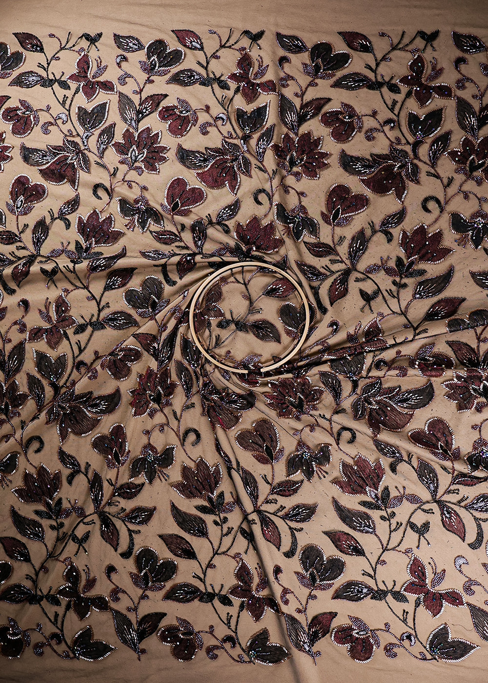 Black Imported Net Fabric With All Over Thread, Bead And Katdana Work 19073