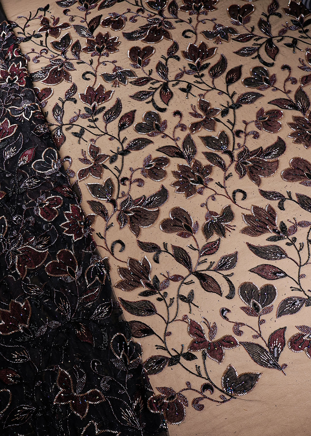 Black Imported Net Fabric With All Over Thread, Bead And Katdana Work 19073