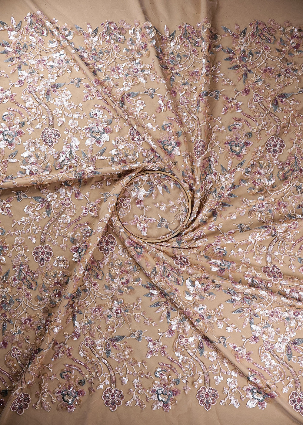 Beige Imported Net Fabric With All Over Sequins And Bead Work 19080