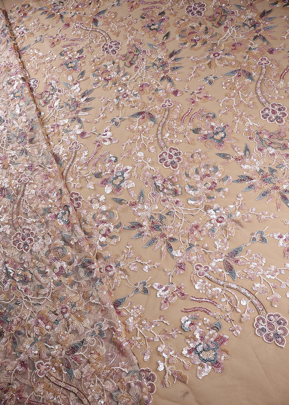 Beige Imported Net Fabric With All Over Sequins And Bead Work 19080