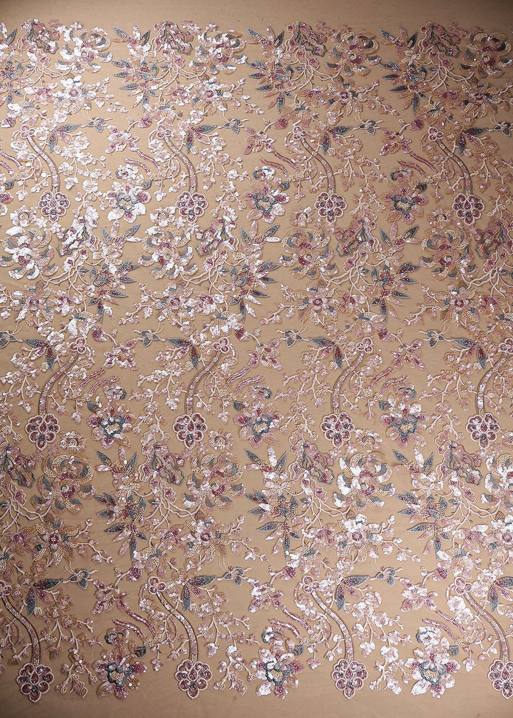 Beige Imported Net Fabric With All Over Sequins And Bead Work 19080