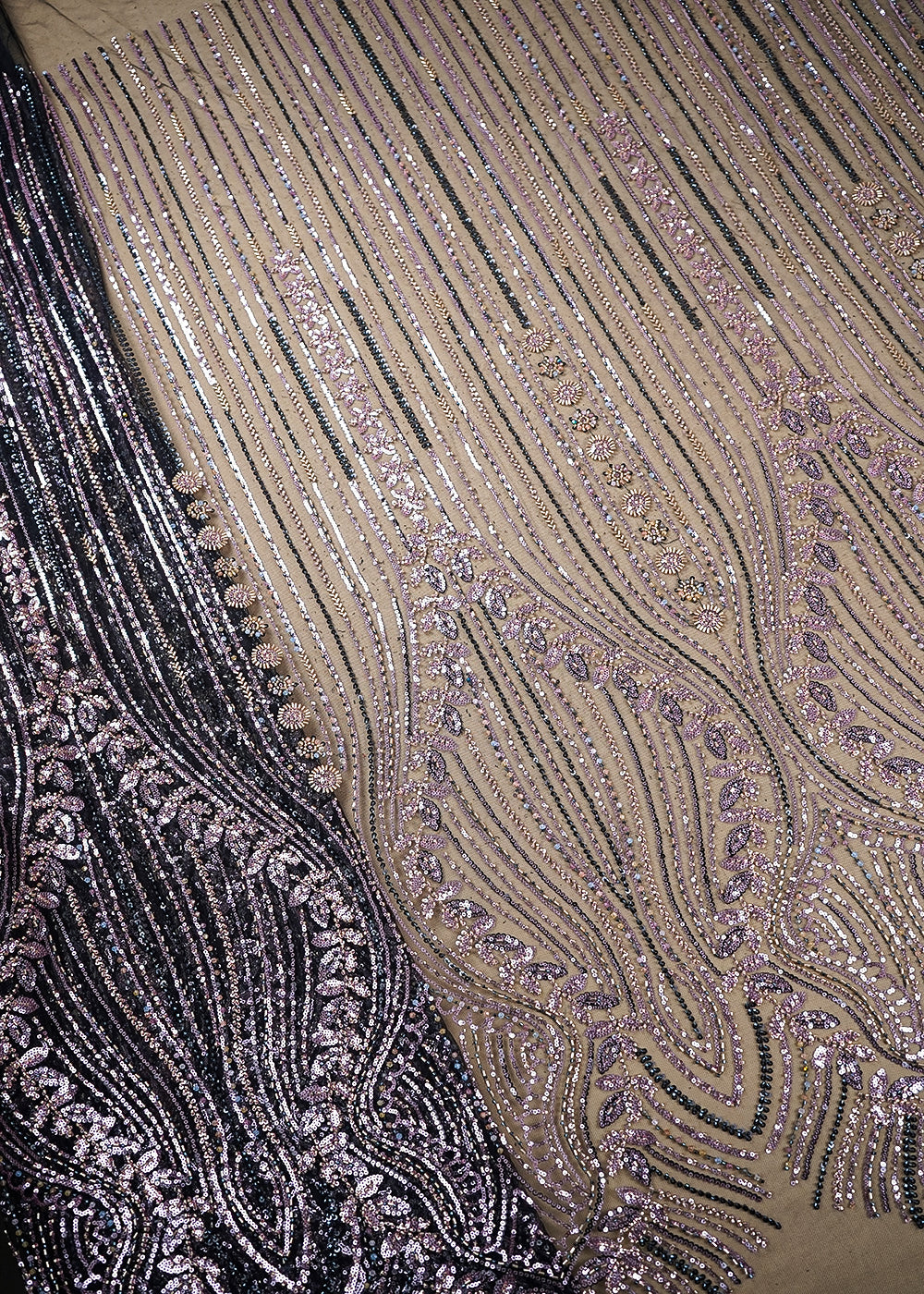 Black Imported Net Fabric With All Over Bead And Sequins Work 19083