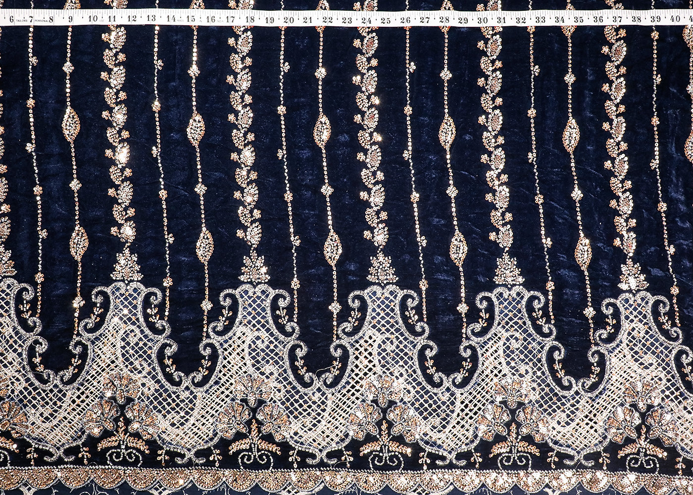 Navy Blue Velvet Fabric With All Over Katdana, Sequins And Zari Work With One Side Cutwork Border 19084