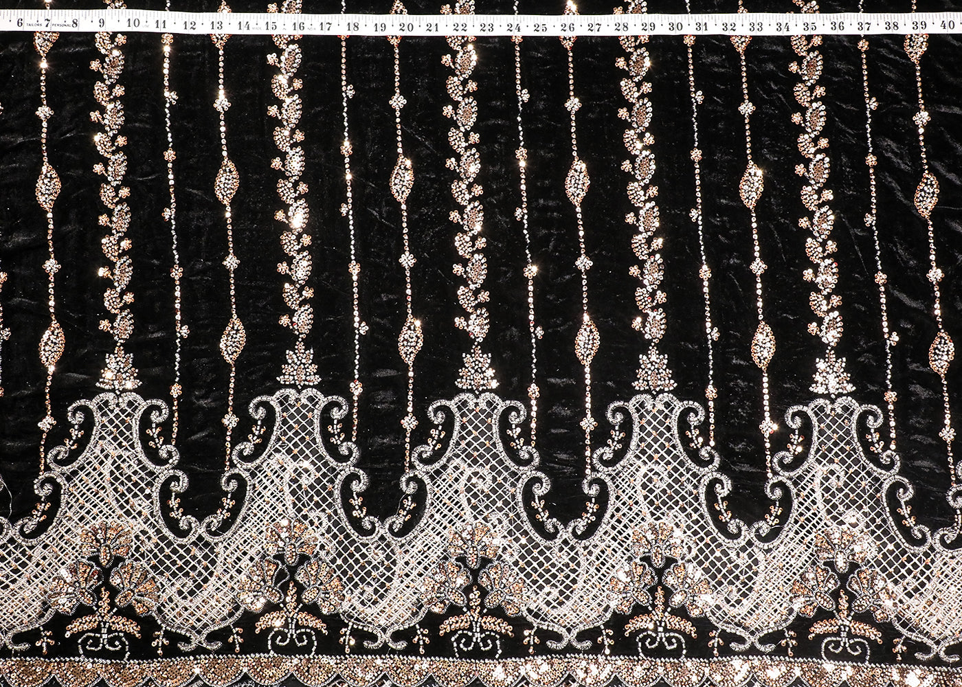 Black Velvet Fabric With All Over Katdana, Sequins And Zari Work With One Side Cutwork Border 19085