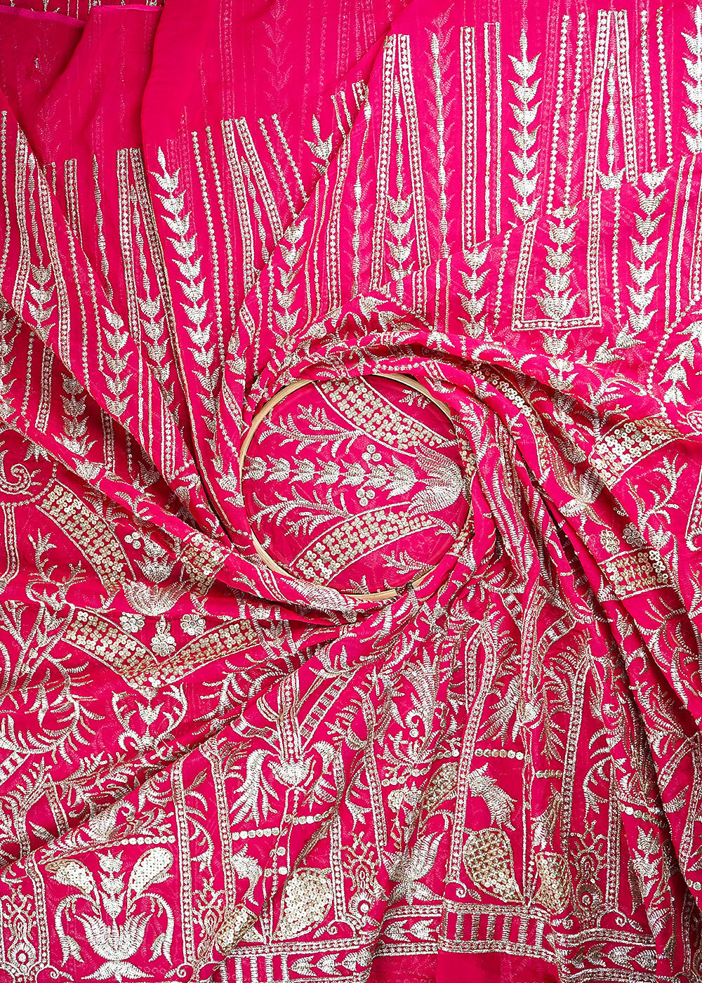 Pink Georgette Fabric With All Over Zari And Sequins Work With One Side Border 19089