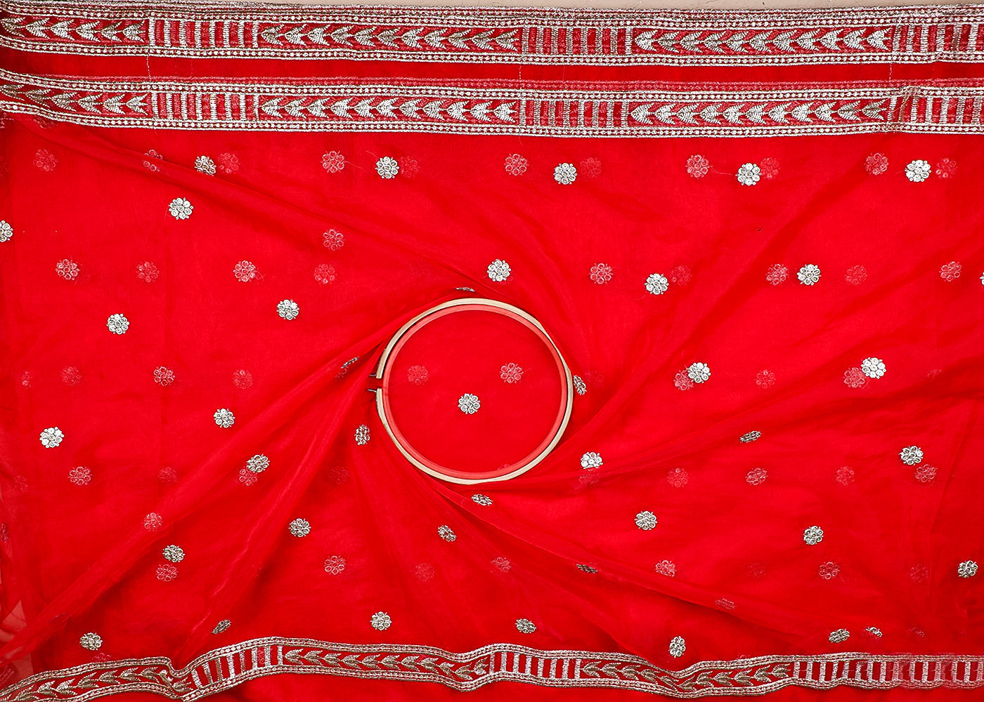 Red Organza Fabric With All Over Zari And Sequins Work With Two Side Border 19091