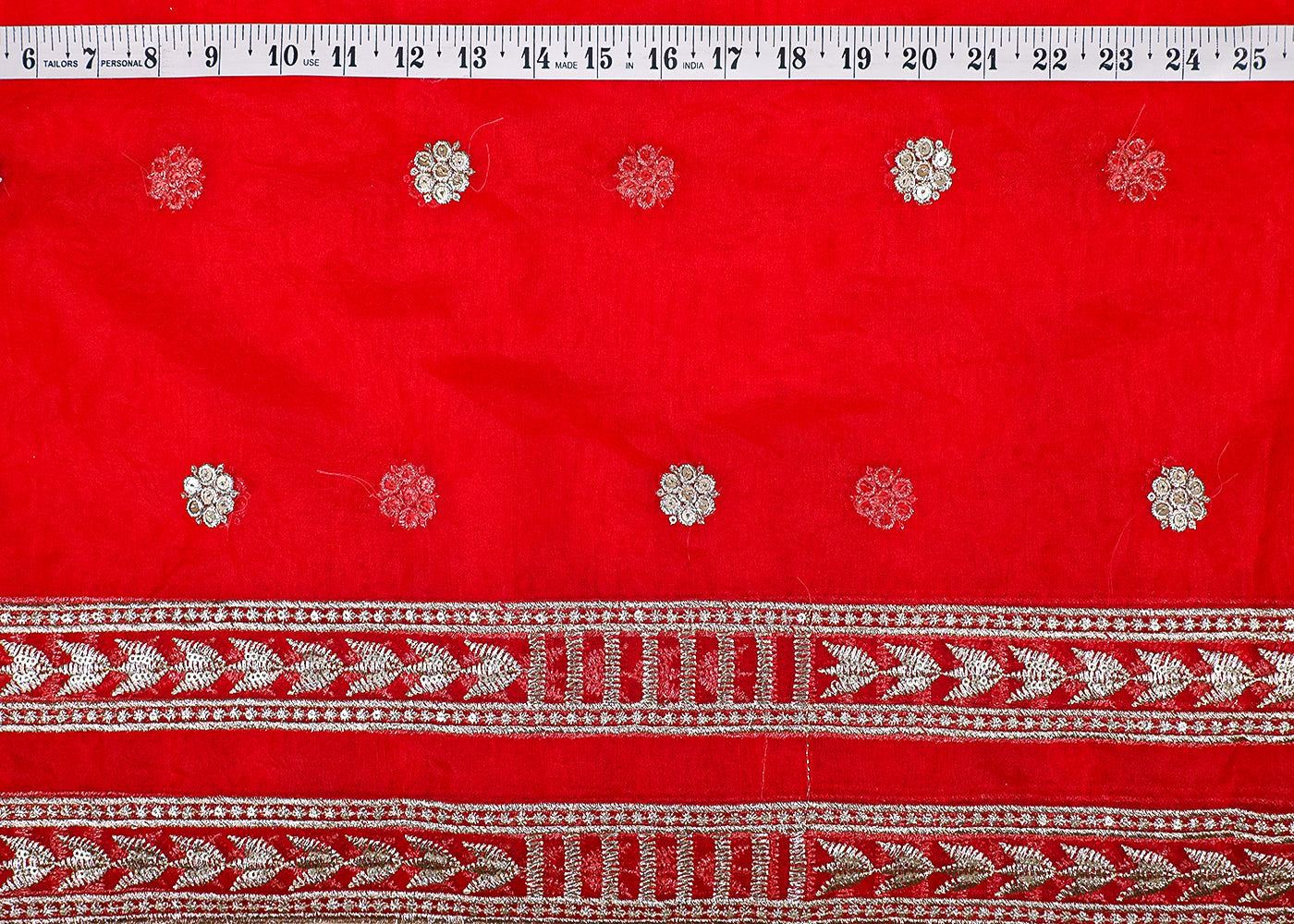 Red Organza Fabric With All Over Zari And Sequins Work With Two Side Border 19091