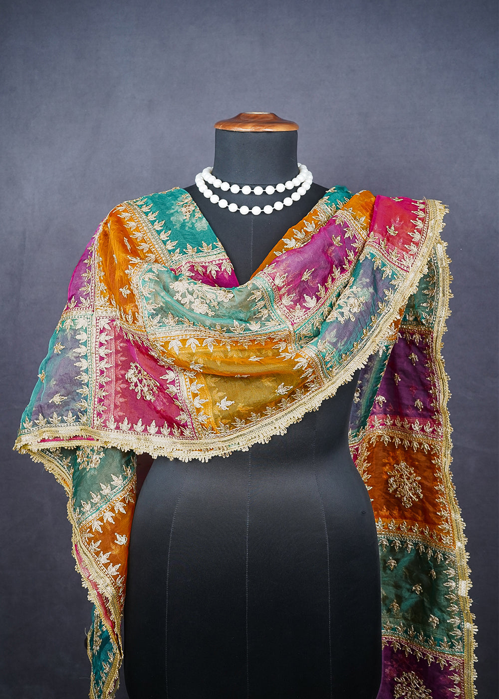 Multi Colour Organza Dupatta with Allover Zari and Gota Patti Work 19098