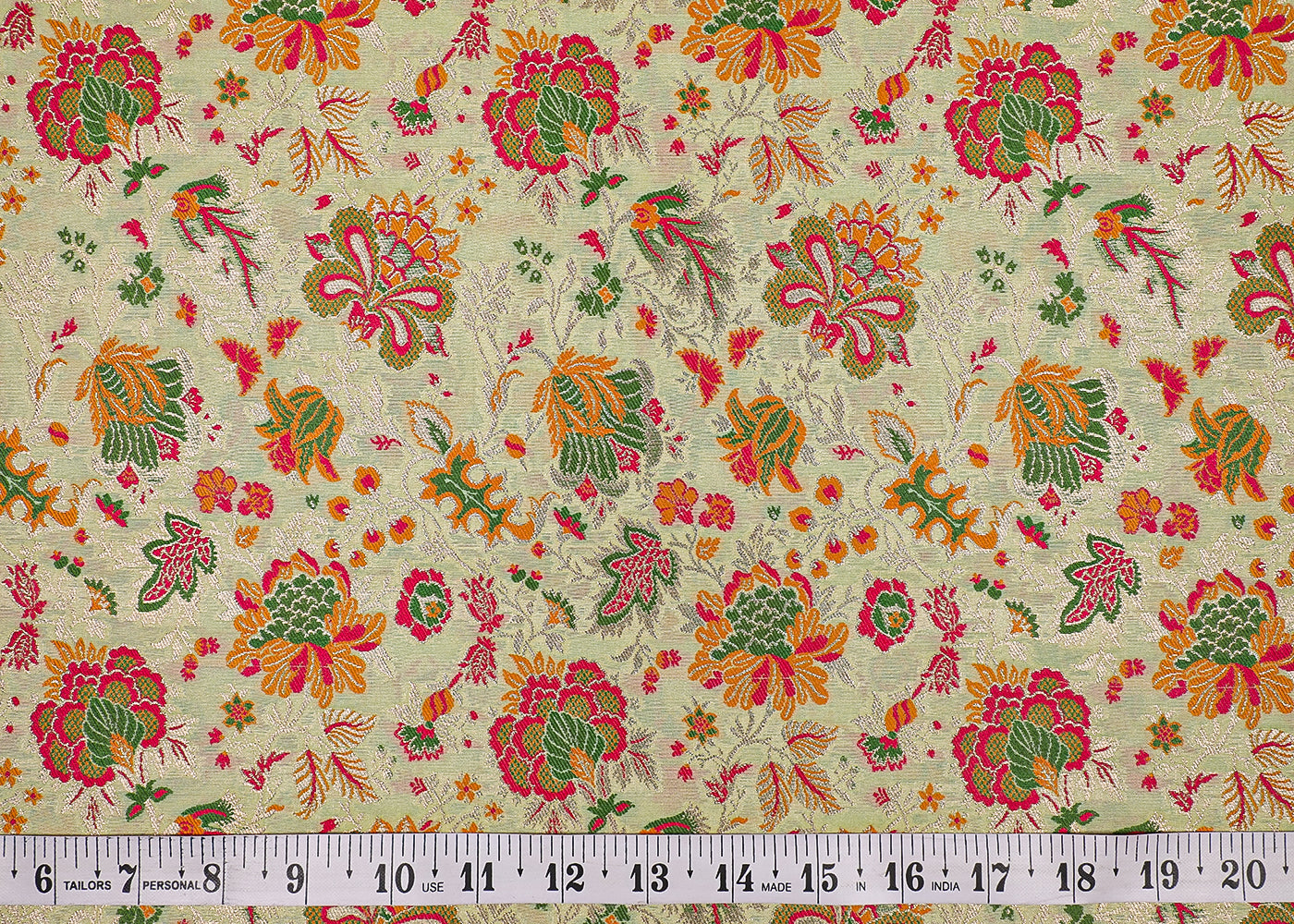 Pista Green Banarasi Brocade Fabric With All Over Thread And Zari Handloom 19104