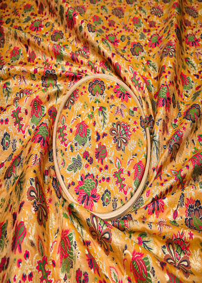 Golden Pure Banarasi Brocade Fabric With All Over Thread And Zari Handloom 19106