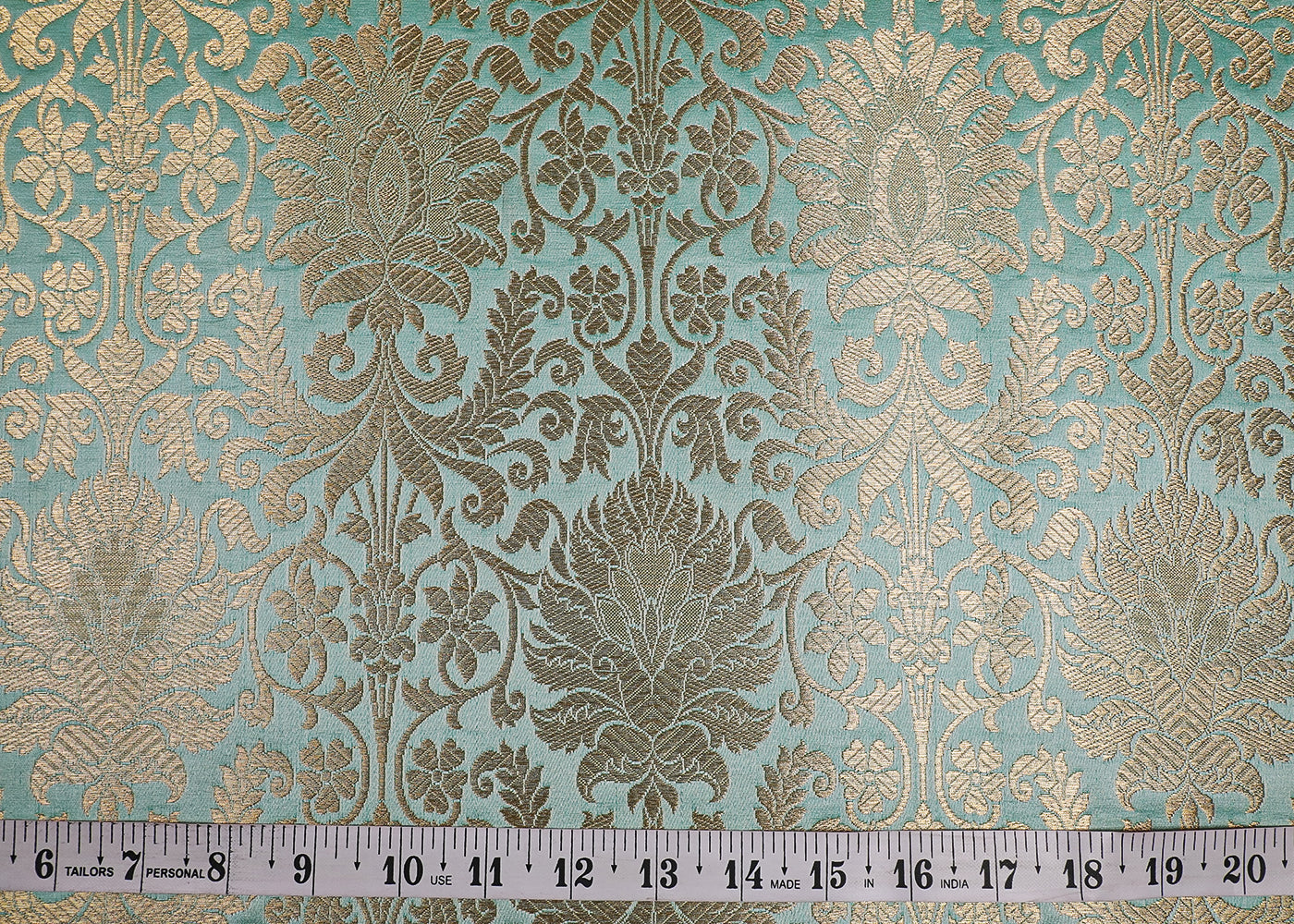 Sea Green Banarasi Brocade Fabric With All Over Golden Zari Handloom 19109