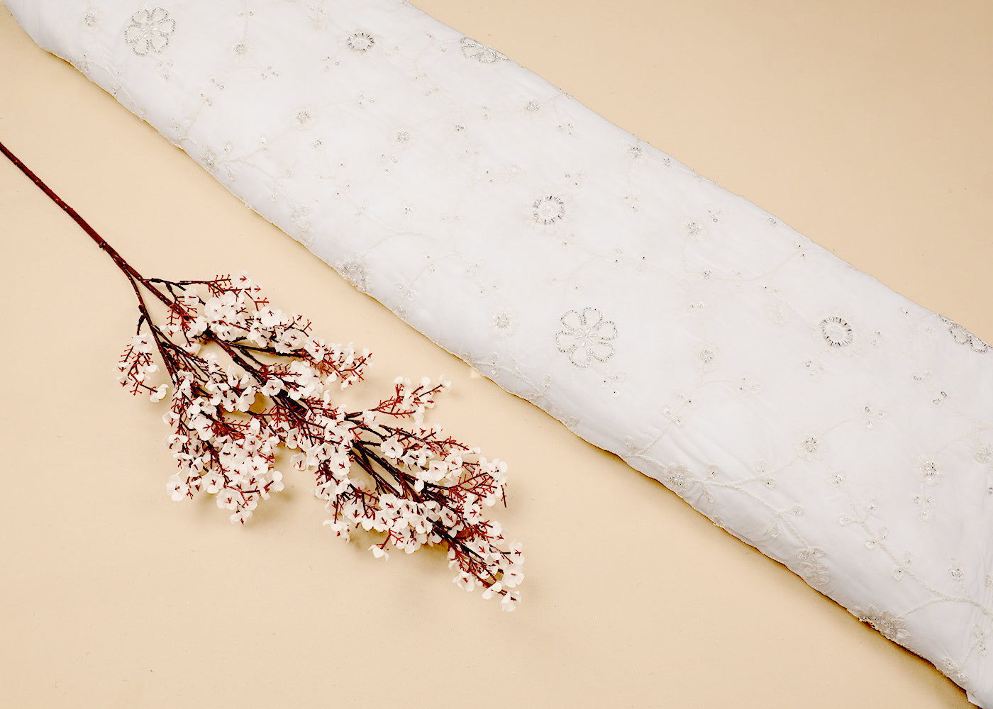 White Georgette Fabric With All Over Sequins, Thread And Bead Work 19117