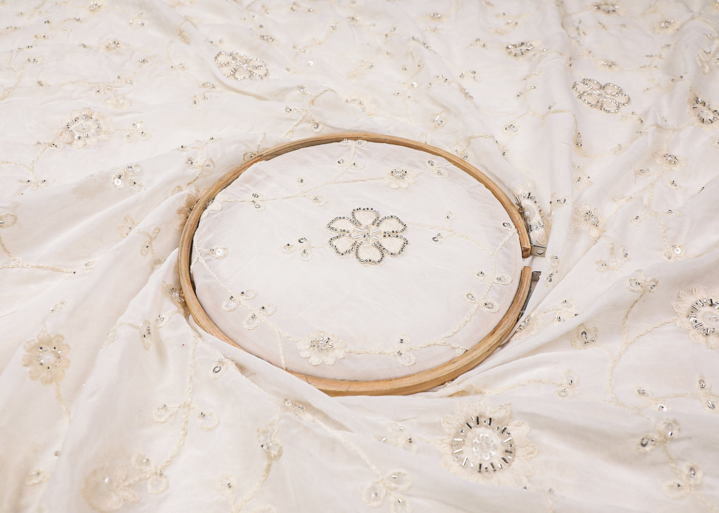 White Georgette Fabric With All Over Sequins, Thread And Bead Work 19117