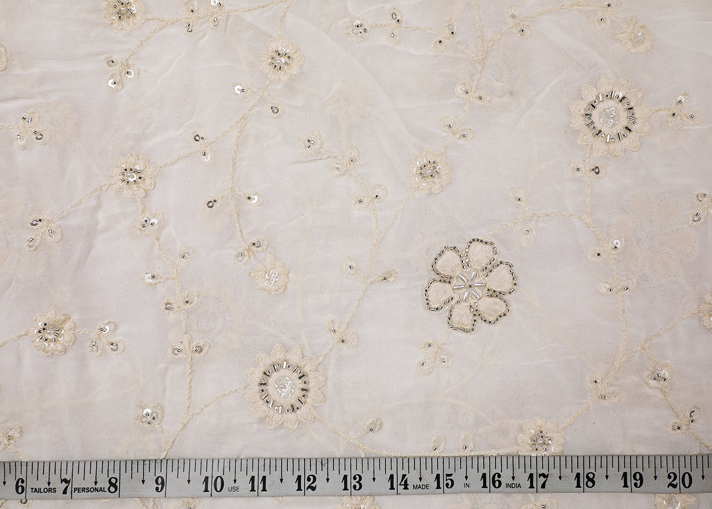 White Georgette Fabric With All Over Sequins, Thread And Bead Work 19117