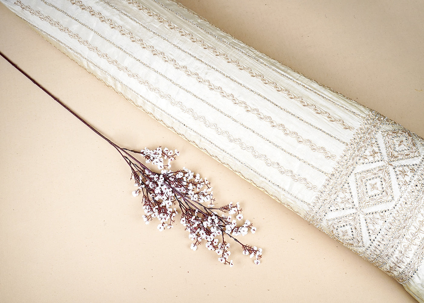 Golden Tissue Fabric With All Over Bead, Faux Mirror And Thread Work 19120