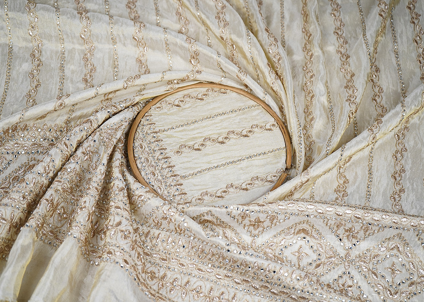 Golden Tissue Fabric With All Over Bead, Faux Mirror And Thread Work 19120